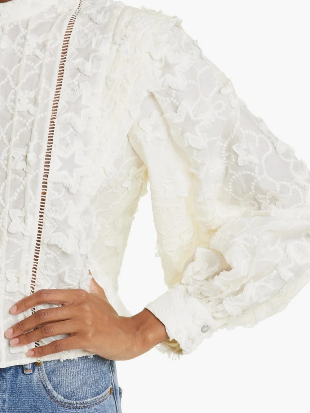 FARM Rio White Floral Lace Peasant Blouse with Puff Sleeves